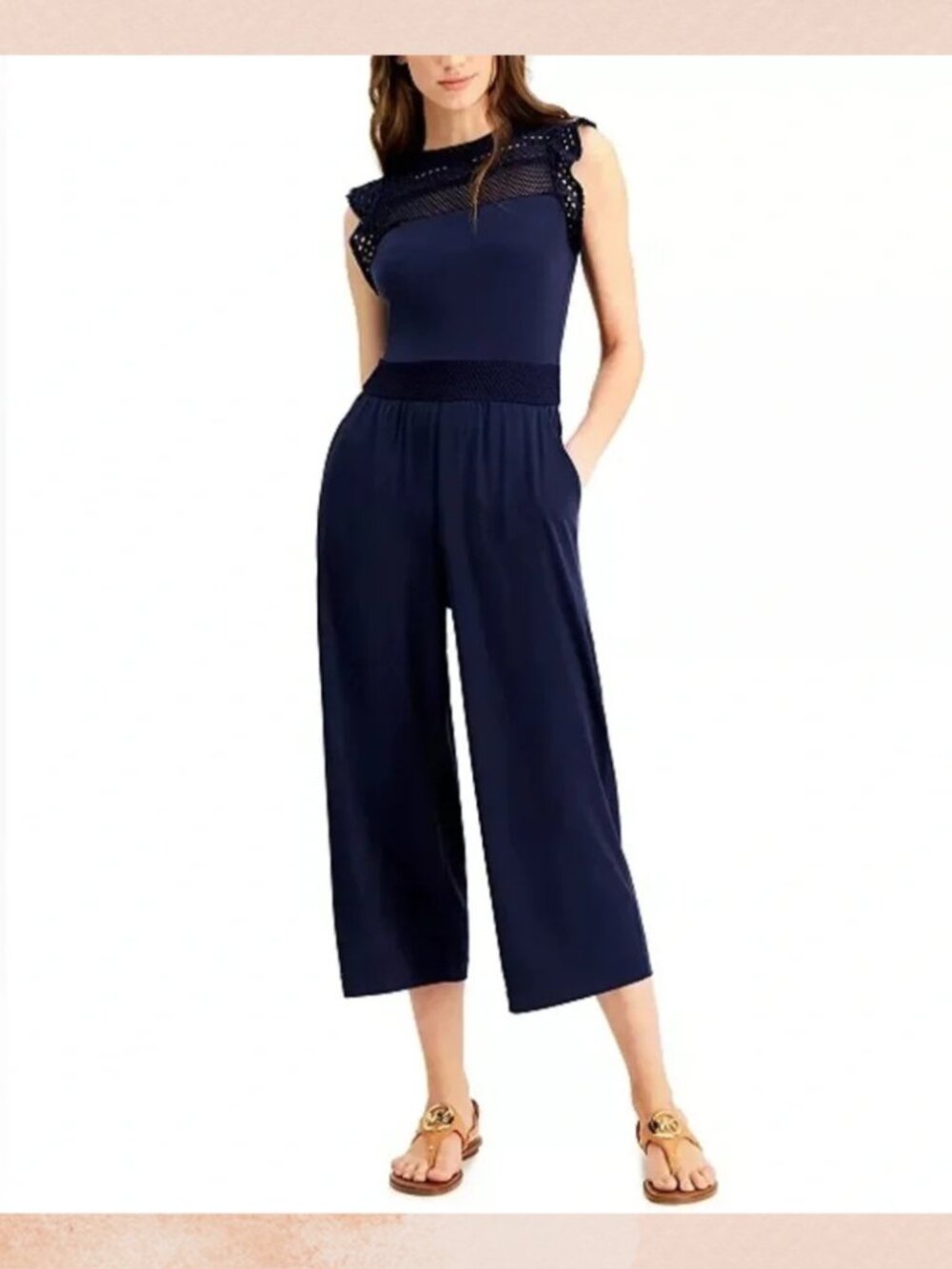 Michael Kors Black Cap Sleeve Wide Leg Cropped Jumpsuit
